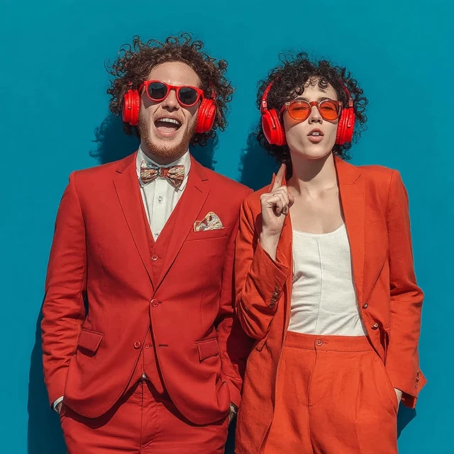 Happy People in Red Suits and Headphones on Blue