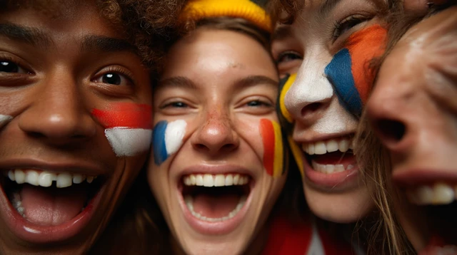 Soccer Fans Celebrating Painted Faces and National Flags