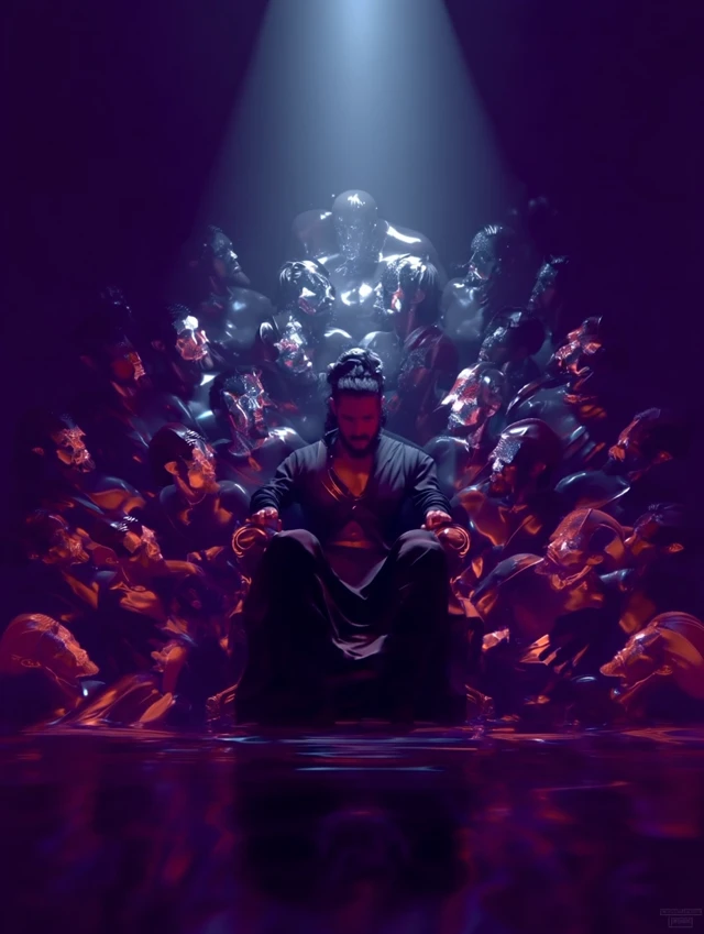 Man on Throne Illuminated Surrounded by People