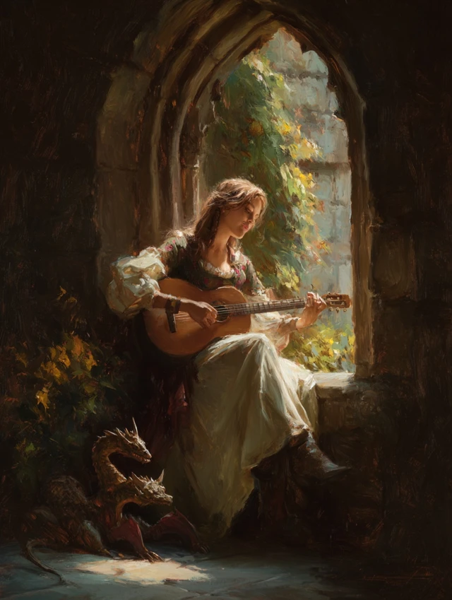 Medieval Woman Playing Guitar With Dragons Painting