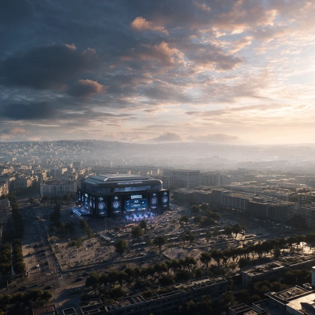 Paris Esports Arena Drone Shot Cityscape View 4K