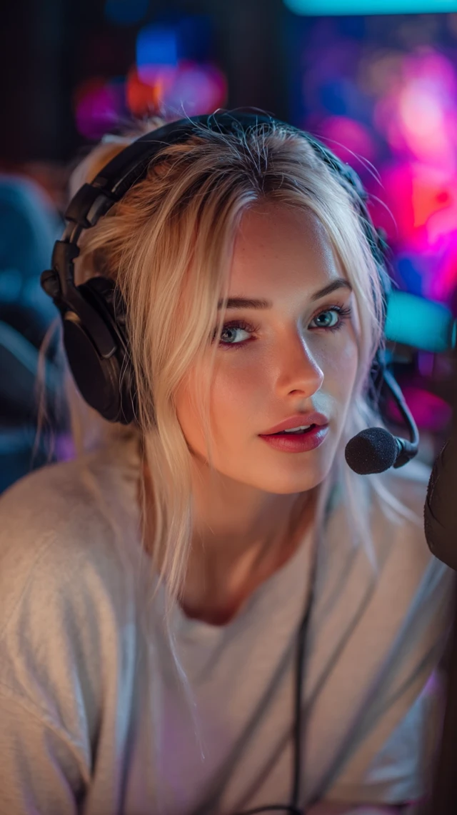 Blonde Female Streamer in Gaming Room