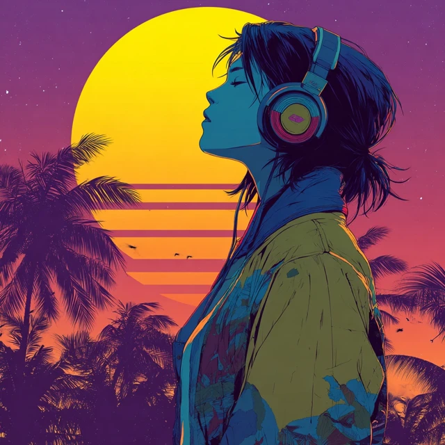 Retrowave Anime Woman with Headphones Palm Tree Sunset