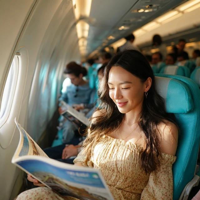 Asian Woman Reading on Airplane Travel Magazine