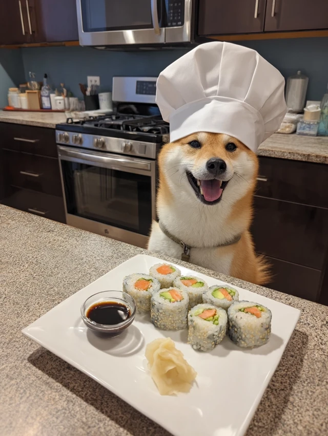 Shiba Inu Chef with Sushi Delight