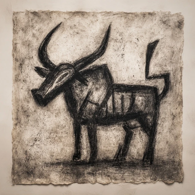 Mythological Bull Charcoal Drawing in NeoExpressionist Style