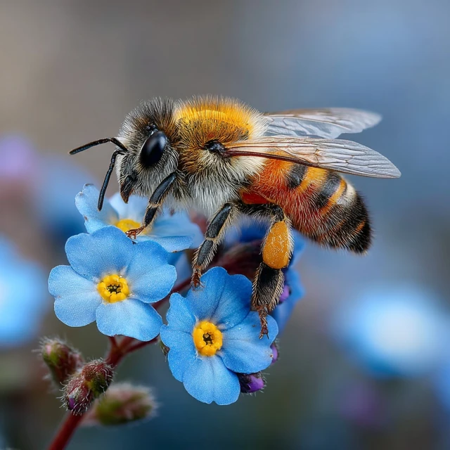 Bee on Blue Flowers Macro Photography