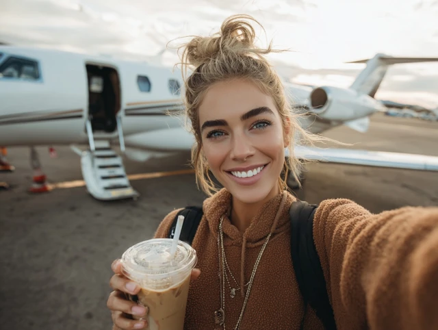 Female Model Selfie Ice Coffee Private Jet