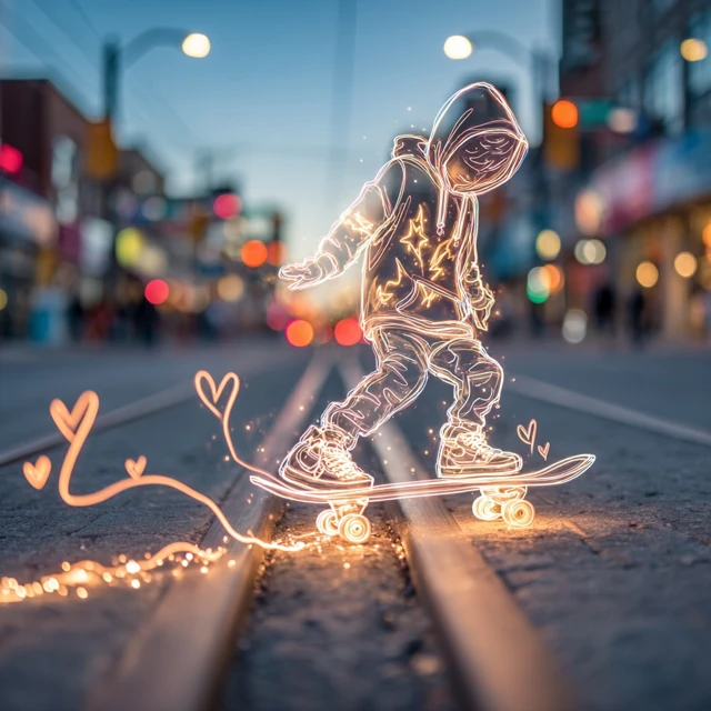 Glowing Skateboarder Golden Hour City Street Art