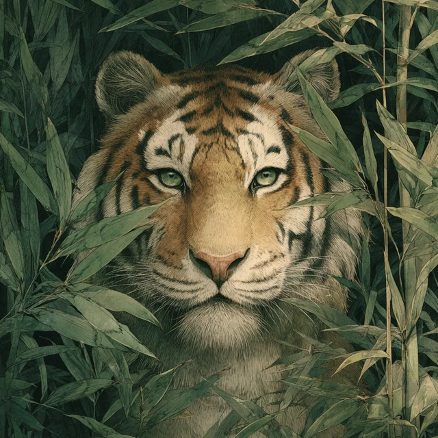 Tiger in Bamboo Forest Realistic Watercolor Painting