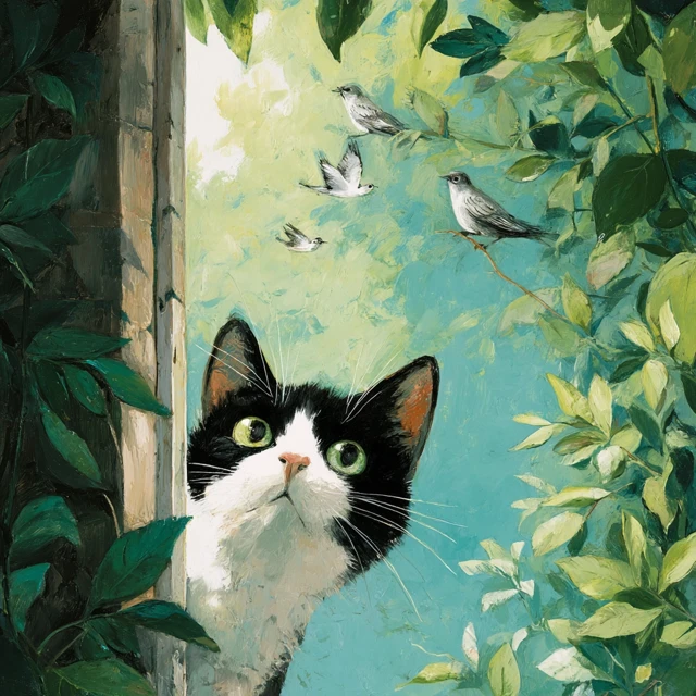 Whimsical Painting Cat and Birds