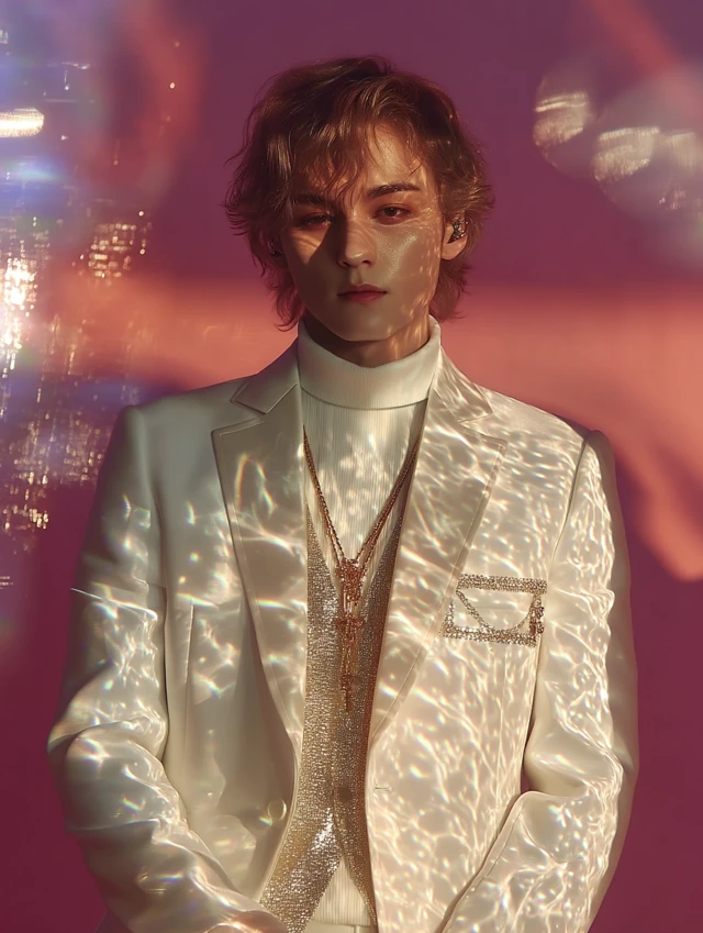 Handsome KPop Idol in White Suit Gold Accessories