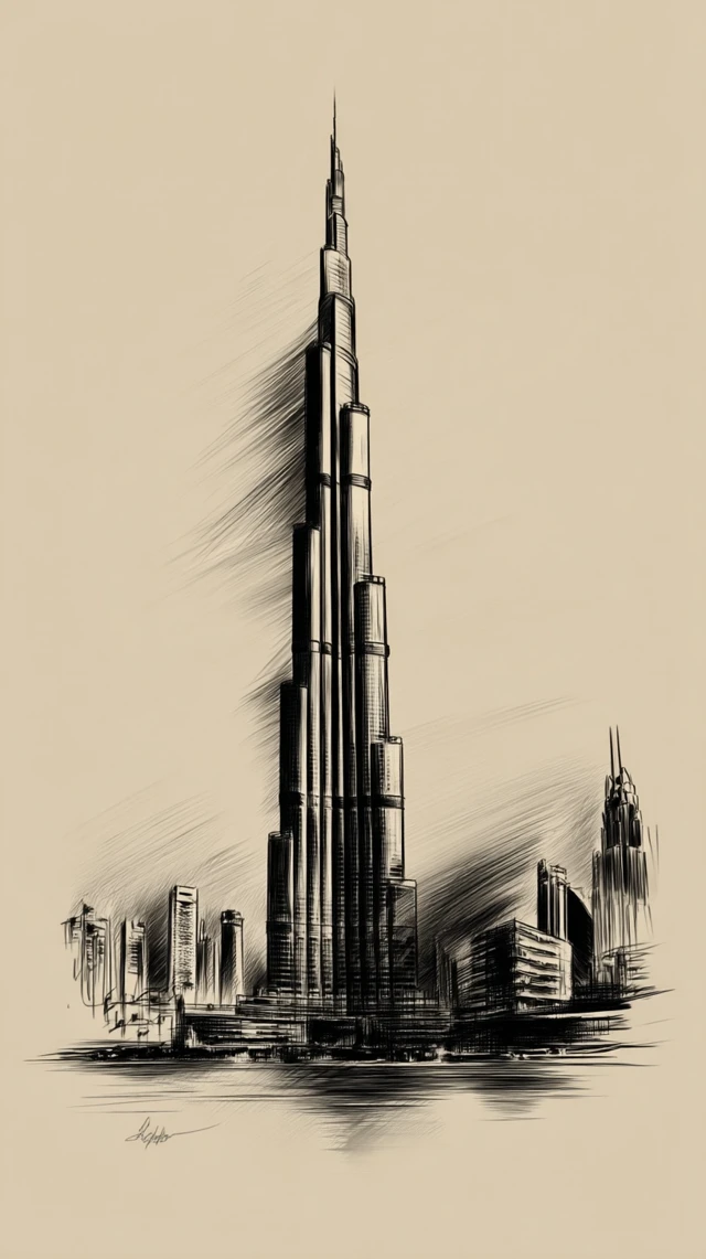 Burj Khalifa Sketch Sepia Tone Art