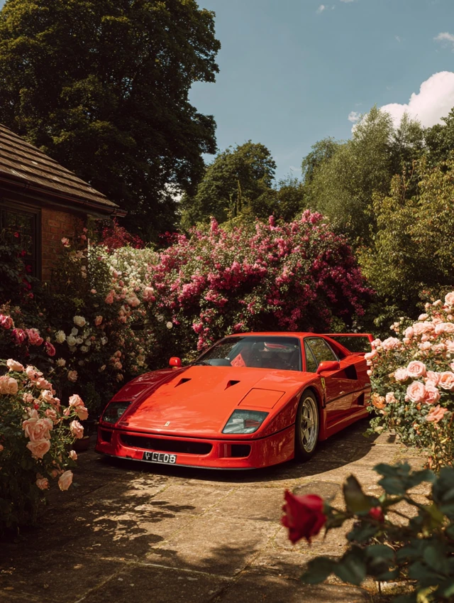 Ferrari F40 in Garden Roses Blue Sky Photography