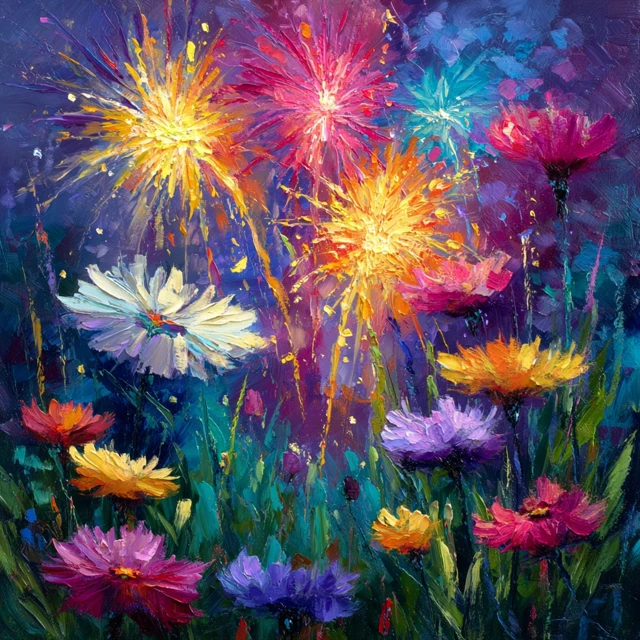 Fireworks and Flowers A Vibrant Oil Painting