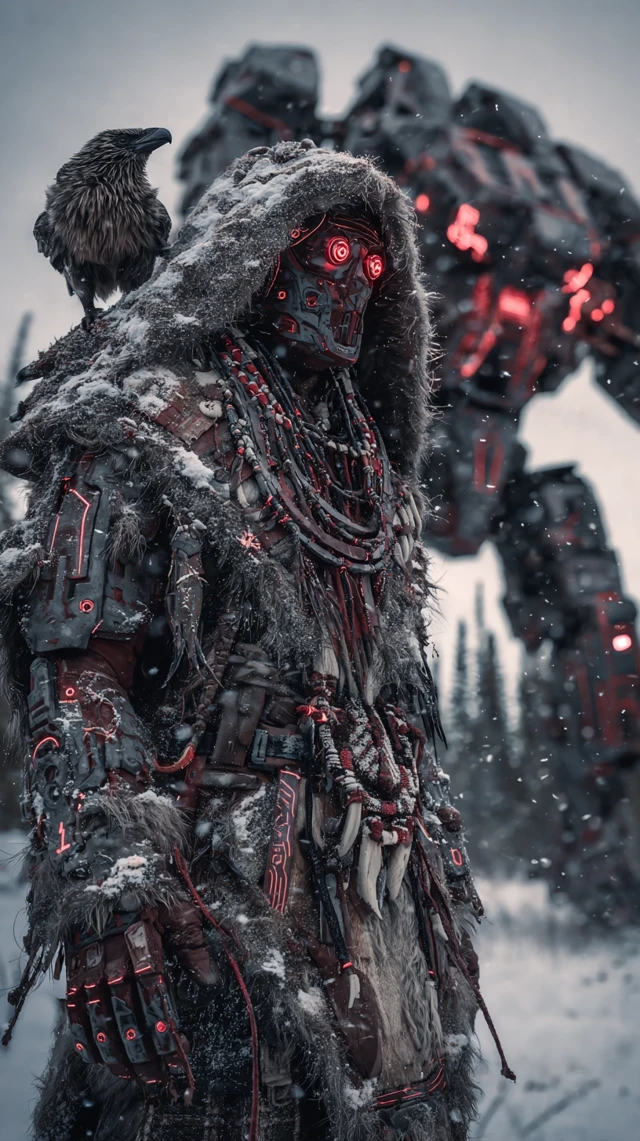 Indigenous Winter Warrior Cyberpunk Art