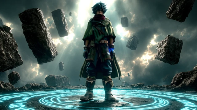 Anime Warrior with Blue Magic and Floating Rocks