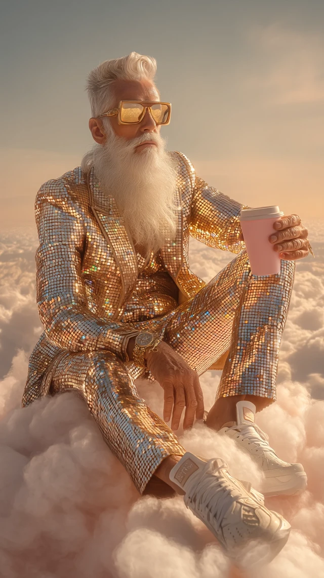 Celestial Fashion: Stylish Older Man on Clouds