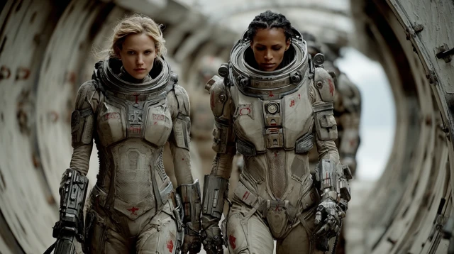 SciFi Soldiers Two Women in Futuristic Suits