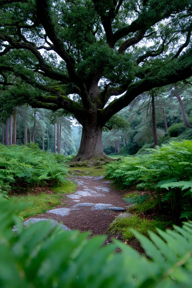 Ancient Oak Tree in Mystical Forest Landscape