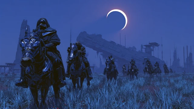 SciFi Alien Tribe Horseback Riding Under Eclipse