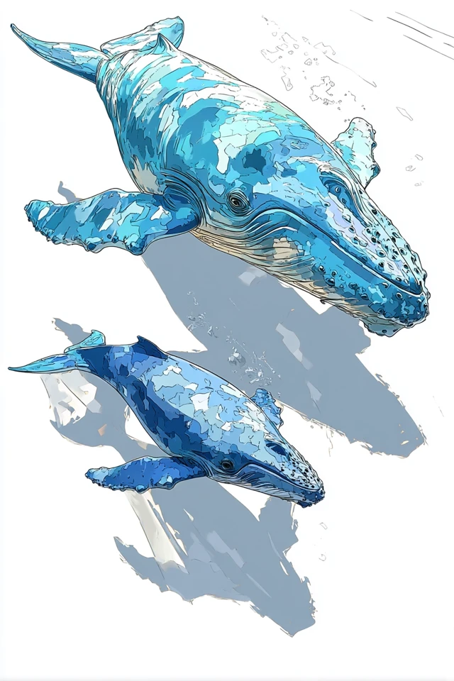 Blue Whale Mother and Calf Digital Painting