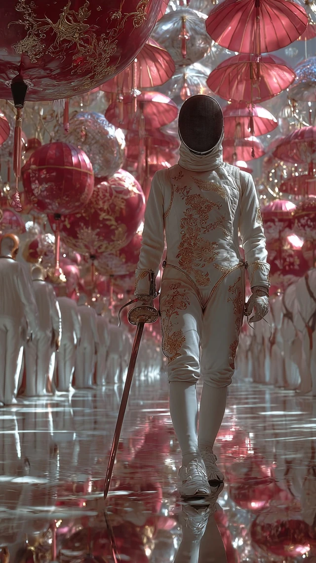 Fencer in Chinese Sportswear Wins Victory