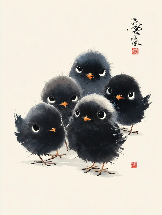 Whimsical Chicks Chinese Ink Painting