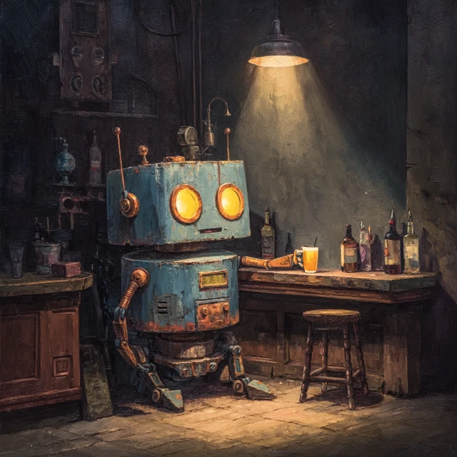 Drunk Robot at Bar Oil Painting
