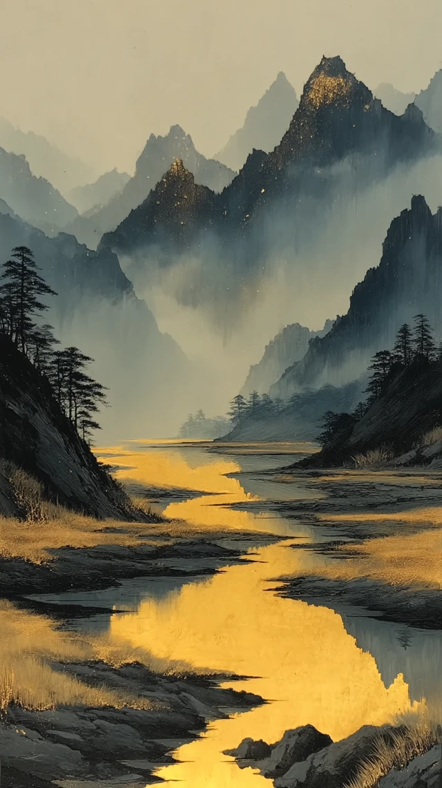 Chinese Ink Landscape Painting Black and Gold