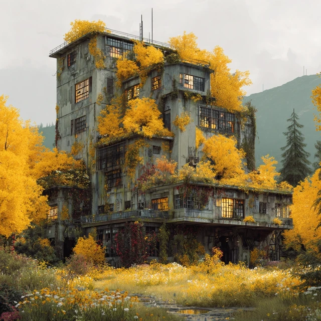 Overgrown Building in Solarpunk Style Autumn Foliage