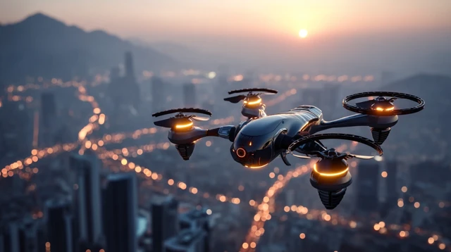 Futuristic Drone Over Cityscape at Dusk