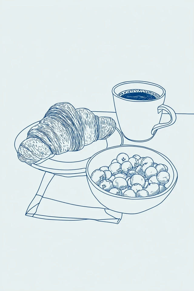 Breakfast Line Drawing Croissant Coffee Berries