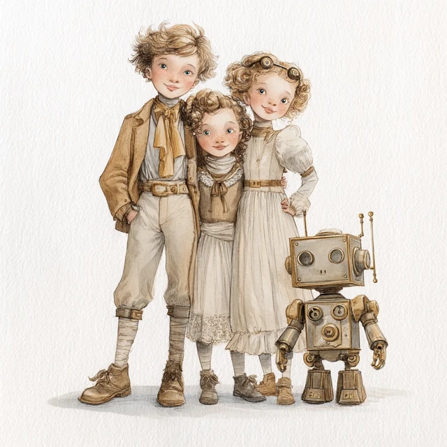 Steampunk Siblings and Robot Companion Watercolor Art