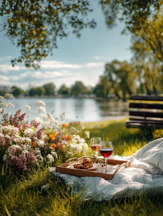 Picnic by the Lake Romantic Scene with Food and Wine