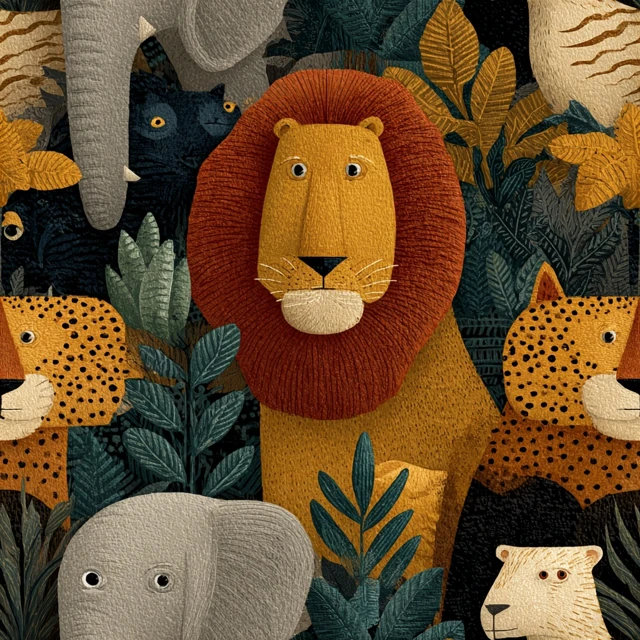 Anime Safari Pattern with Lion Cheetah Tiger and Elephant