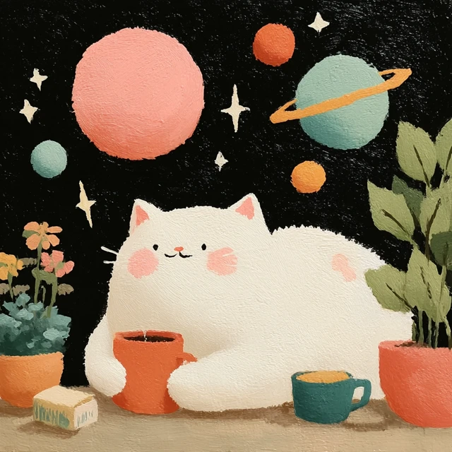 Dreamy Cat in Space with Tea