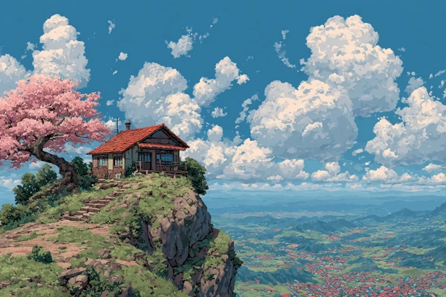Anime House on Mountain Japanese Landscape Cherry Blossoms