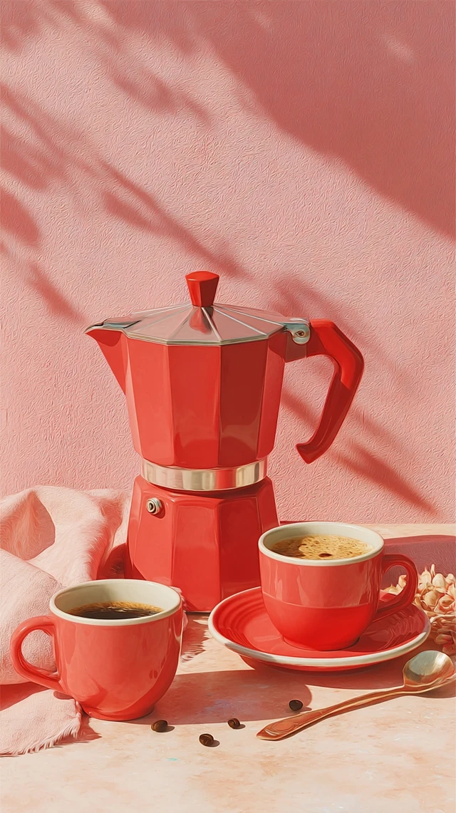 Red Moka Pot with Coffee Cups Photography