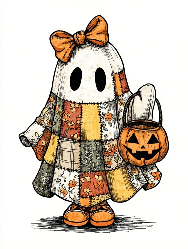 Cute Patchwork Ghost Halloween Illustration