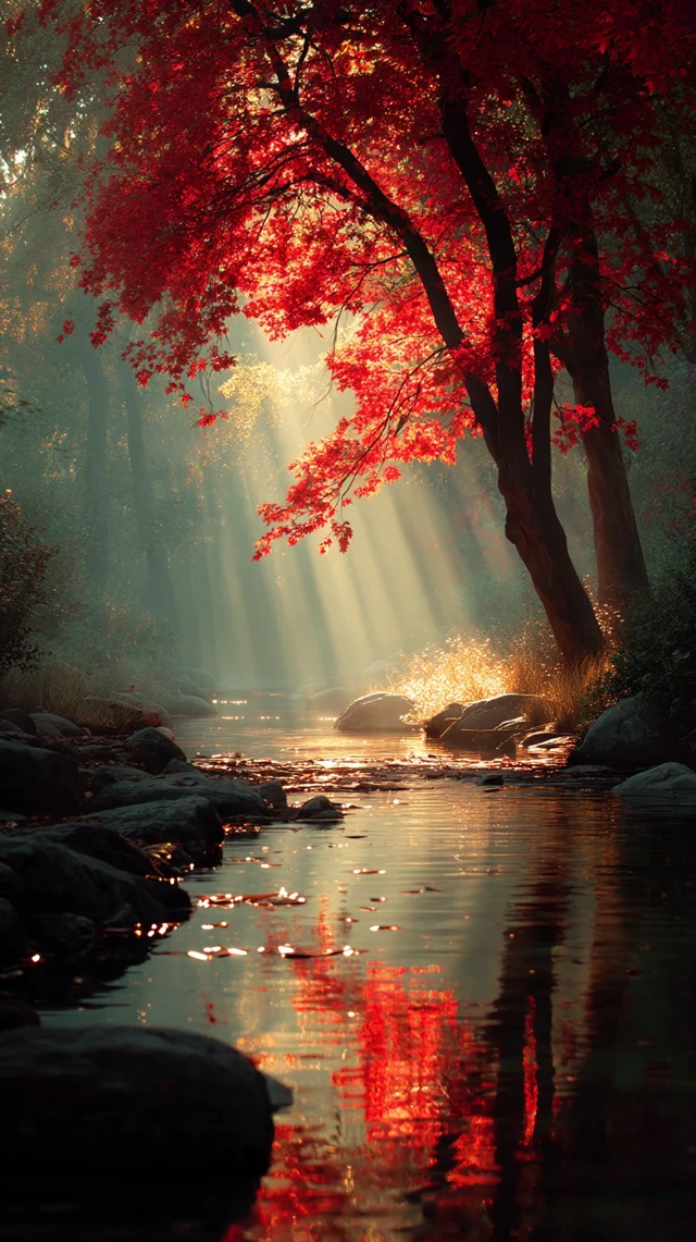 Autumn Forest Scene: Red Maple, Stream, Sunlight