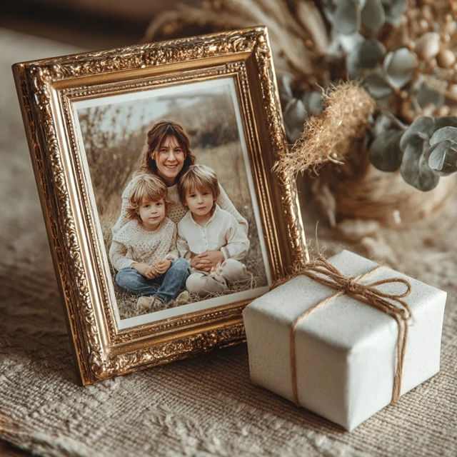 Family Photo in Gold Frame Gift Box Warm Lighting