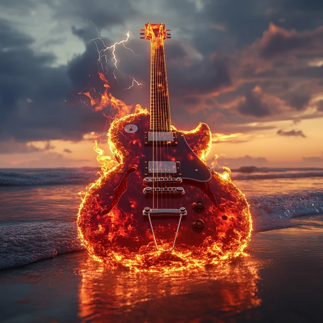 Electric Guitar on Fire Waves and Lightning