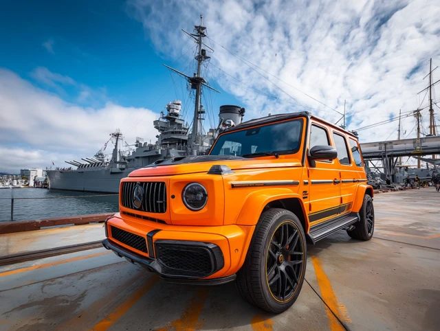 Orange Mercedes Benz G63 AMG 2024 in front of Battleship