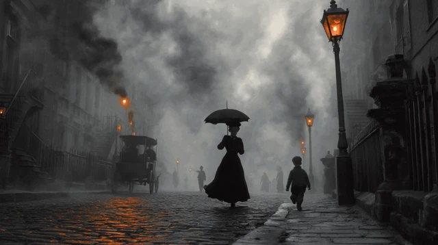 Victorian London Street Scene in Grayscale