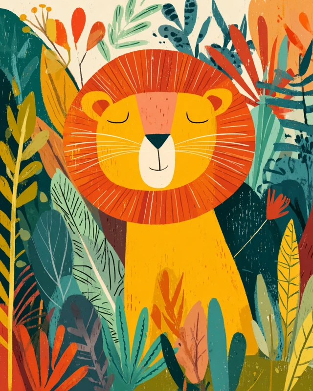 Cute Cartoon Lion in Jungle Foliage Illustration