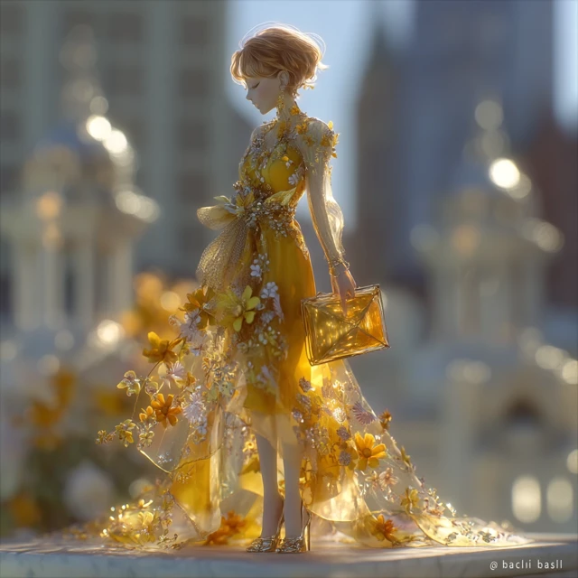 Sunny Day Hyperrealistic Woman in Golden Dress