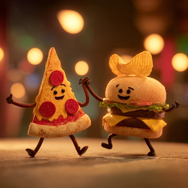 Dancing Pizza Burger and Chip Food Cartoon Fun