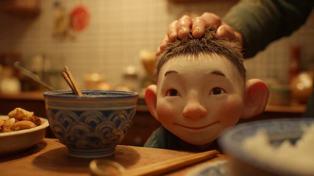 Warm Scene of a Chinese Boy at the Dining Table