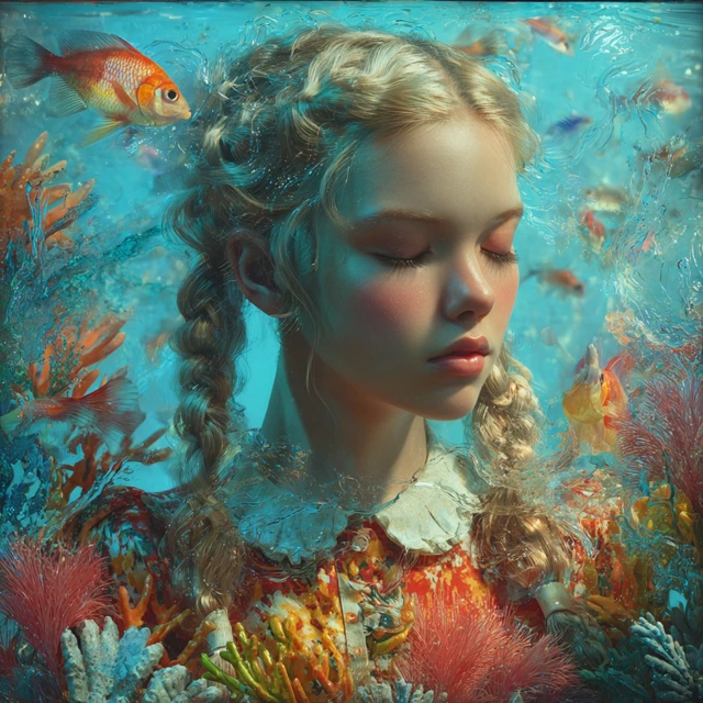 Dreamy Portrait Blonde Girl Underwater Fantasy